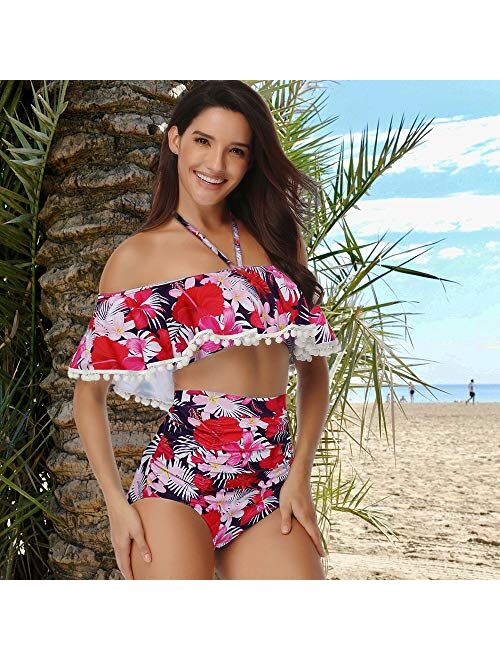 Heat Move Women High Waisted Retro Flounce Off Shoulder Two Piece Swimsuit