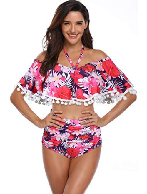 Heat Move Women High Waisted Retro Flounce Off Shoulder Two Piece Swimsuit