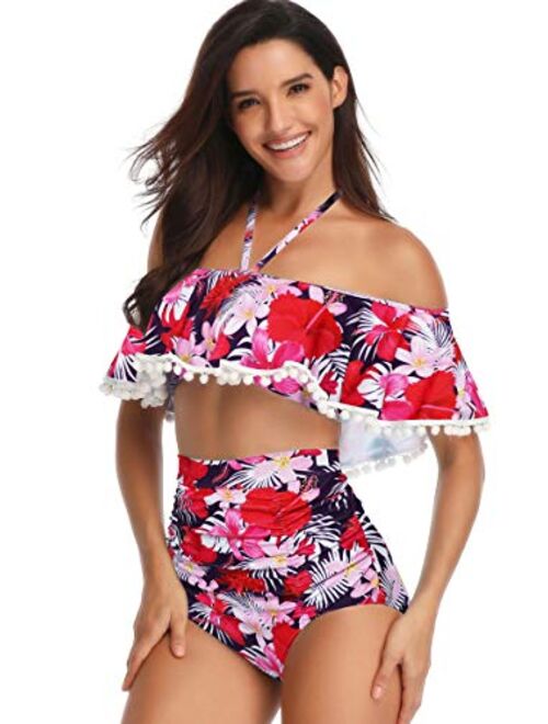 Heat Move Women High Waisted Retro Flounce Off Shoulder Two Piece Swimsuit