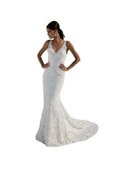 SIQINZHENG Women's Double V-Neck Bridal Gowns Lace Beach Wedding Dress