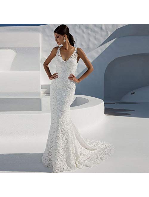 SIQINZHENG Women's Double V-Neck Bridal Gowns Lace Beach Wedding Dress