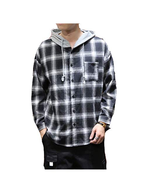 Macvorsmic Men Cotton Spring Casual Hooded Shirt Fashion Loose Plaid Shirt