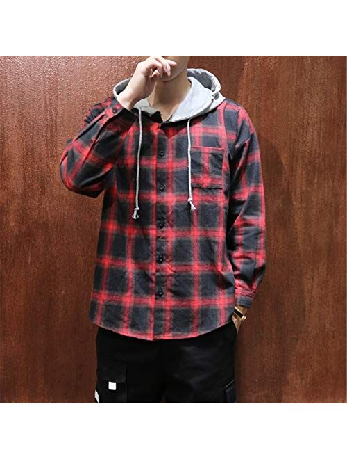 Macvorsmic Men Cotton Spring Casual Hooded Shirt Fashion Loose Plaid Shirt