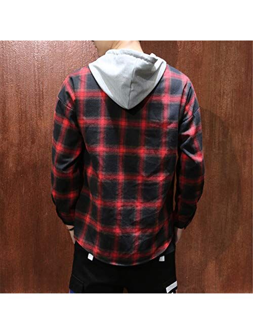 Macvorsmic Men Cotton Spring Casual Hooded Shirt Fashion Loose Plaid Shirt