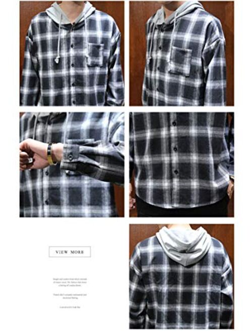 Macvorsmic Men Cotton Spring Casual Hooded Shirt Fashion Loose Plaid Shirt