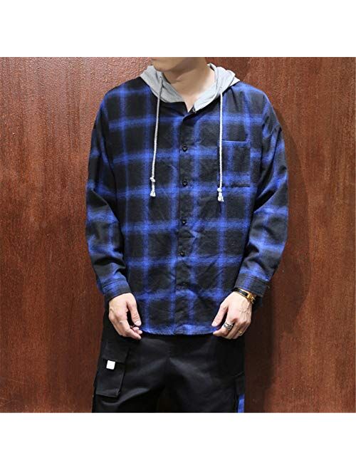 Macvorsmic Men Cotton Spring Casual Hooded Shirt Fashion Loose Plaid Shirt