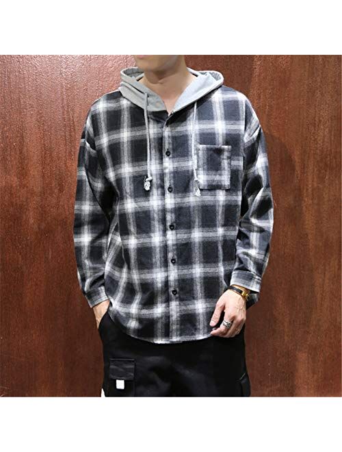 Macvorsmic Men Cotton Spring Casual Hooded Shirt Fashion Loose Plaid Shirt