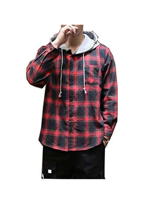 Macvorsmic Men Cotton Spring Casual Hooded Shirt Fashion Loose Plaid Shirt