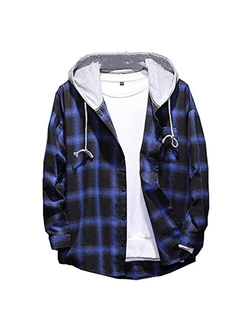 Macvorsmic Men Cotton Spring Casual Hooded Shirt Fashion Loose Plaid Shirt