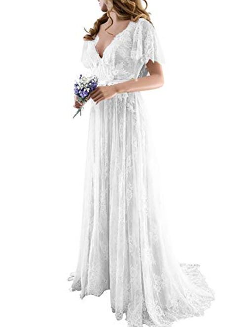 PearlBridal Women's Modest V-Neck Lace Bohemian Beach Wedding Dresses Long Country Wedding Gown