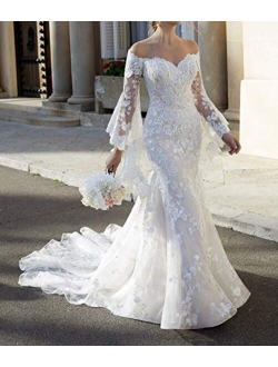 Plus Size Off Shoulder Lace Bridal Gown Mermaid Wedding Dress with Train Detachable Horn Long Sleeve