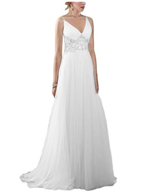 OYISHA Women's Backless A-line Beach Wedding Dresses V-Neck Beaded Gown 50WD