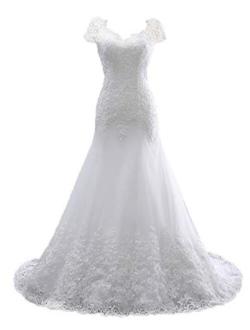 Wedding Dresses Lace Appliques Bridal Gowns Long Vintage Bride Dress Cap Sleeves