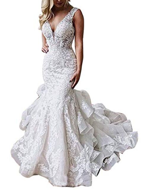 Solandia Women's Lace Applique Backless Bridal Ball Gowns Mermaid Wedding Dresses for Bride 2021