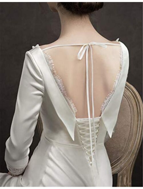 L-ELEGANT Wedding Dress, Europe and America Princess Sexy V-Neck Long Sleeve Retro Satin Slim Fit Bride Wedding Dress