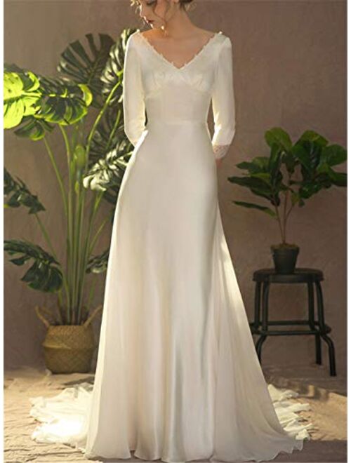 L-ELEGANT Wedding Dress, Europe and America Princess Sexy V-Neck Long Sleeve Retro Satin Slim Fit Bride Wedding Dress