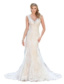 Kelaixiang V Neck Lace Sheath Beading Wedding Dresses Bridal Gown