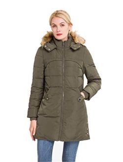 Women's Classic Winter Jacket Soft Thickened Vegan Down Coat Warm Puffer Parka w/Faux Fur Hood