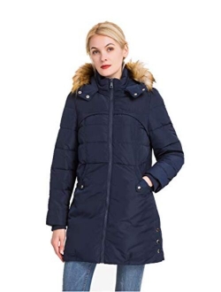 Women's Classic Winter Jacket Soft Thickened Vegan Down Coat Warm Puffer Parka w/Faux Fur Hood