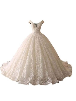 Dimei V-Neck Bridal Gown Wedding Dresses Cap Sleeve A-Line Dress Lace up Back with Long Train