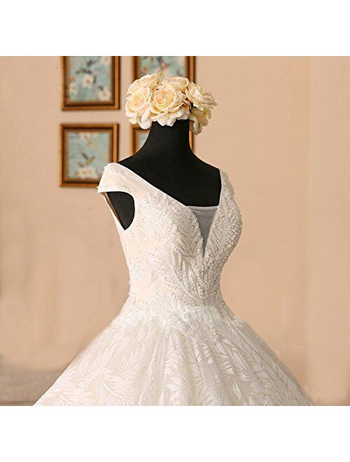 Dimei V-Neck Bridal Gown Wedding Dresses Cap Sleeve A-Line Dress Lace up Back with Long Train