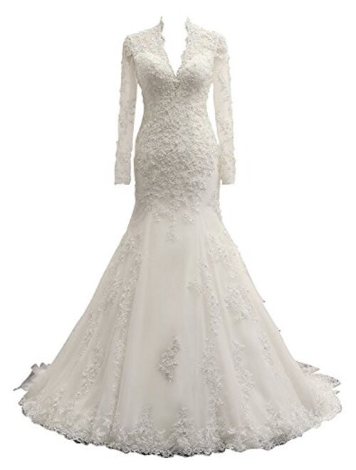 Doragrace Women's V Neck 3/4 Sleeve Court Train Mermaid Lace Wedding Dress Bridal Gowns