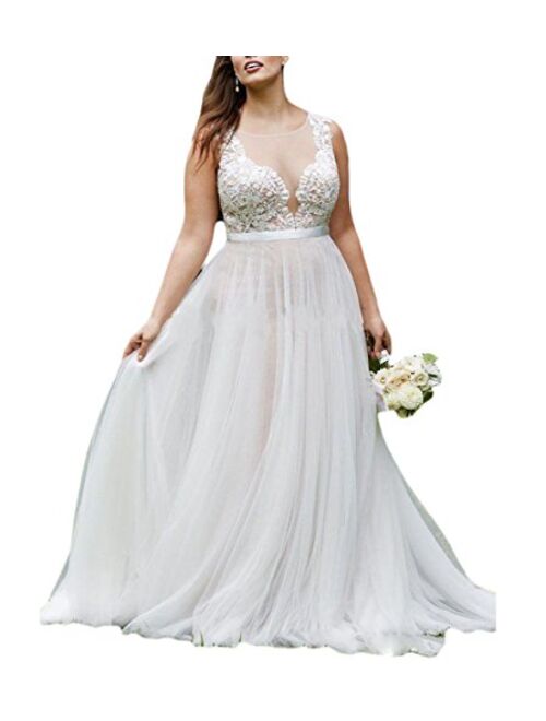 Fishlove Plus Size Country Vestidos De Novia Illusion Sheer Lace Wedding Dresses for Women W19