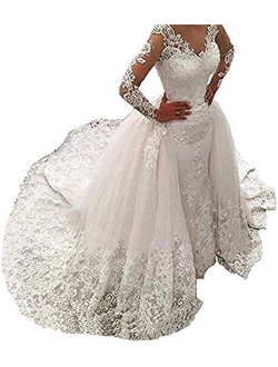 Women's Bridal Ball Gown V Necck Long Sleeves Mermaid Wedding Dresses with Train for Bride 2021