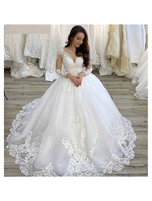 Mojing Women's Glamorous Lace Appliques Wedding Dresses for Bride V-Neck Long Sleeves Bridal Dress Wedding Gowns