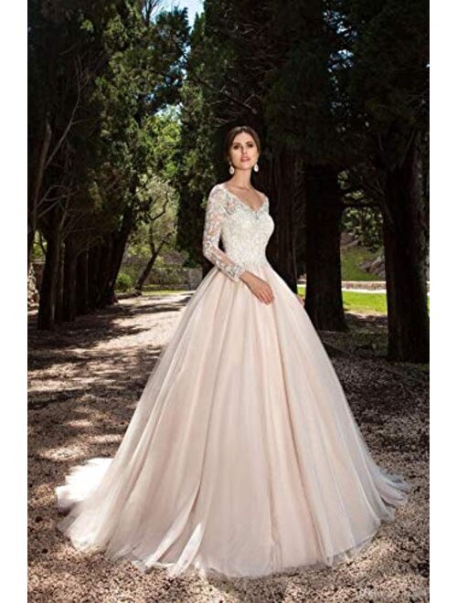 Elliebrid V Neck Long Sleeves Women's Bridal Ball Gown A-line Lace Wedding Dresses with Train for Bride White Ivory