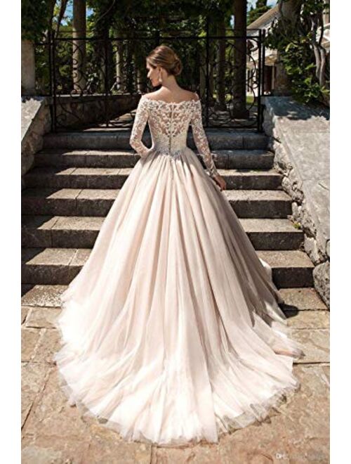 Elliebrid V Neck Long Sleeves Women's Bridal Ball Gown A-line Lace Wedding Dresses with Train for Bride White Ivory