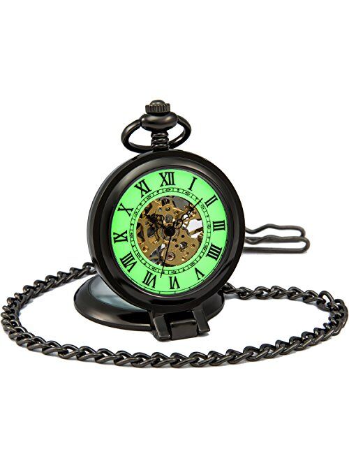 SEWOR Mens Luminous Dial Hand Wind Mechanical Pocket Watch with Brand Leather Gift Box (Stand Up Black)