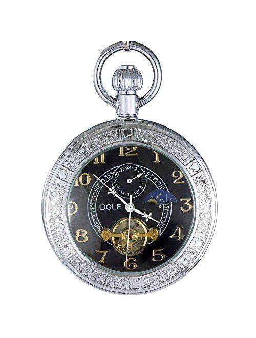 OGLE Waterproof Luminous Magnifier Tourbillon Moon Sun Chain Fob Self Wind Automatic Mechanical Pocket Watch