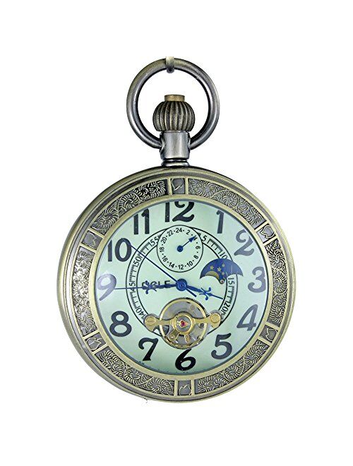 OGLE Waterproof Luminous Magnifier Tourbillon Moon Sun Chain Fob Self Wind Automatic Mechanical Pocket Watch