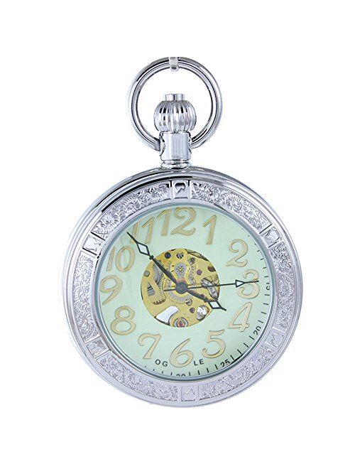 OGLE Waterproof Magnifier Skeleton Chain Silver Luminous Fob Self Winding Automatic Mechanical Pocket Watch