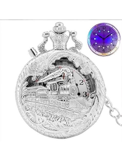 IOPMIE Pocket Watch Top Luxury Gold Luminous LED Quartz Pocket Watch Train Locomotive Engine Steampunk Quartz FOB Light Watch Gifts for Men Women