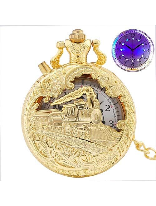 IOPMIE Pocket Watch Top Luxury Gold Luminous LED Quartz Pocket Watch Train Locomotive Engine Steampunk Quartz FOB Light Watch Gifts for Men Women