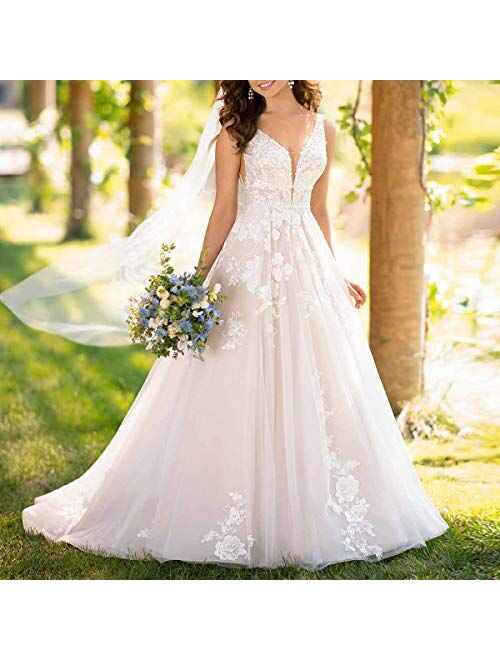 HDSLP Women's V-Neck Appliques Wedding Dress Long Curt Train Bridal Gown for Bride