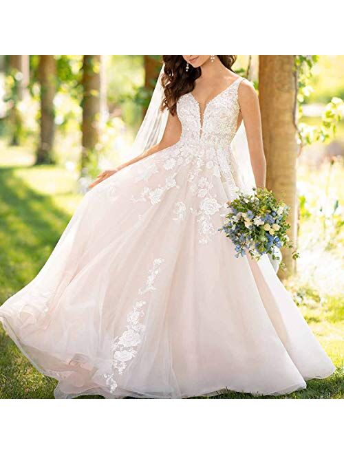 HDSLP Women's V-Neck Appliques Wedding Dress Long Curt Train Bridal Gown for Bride