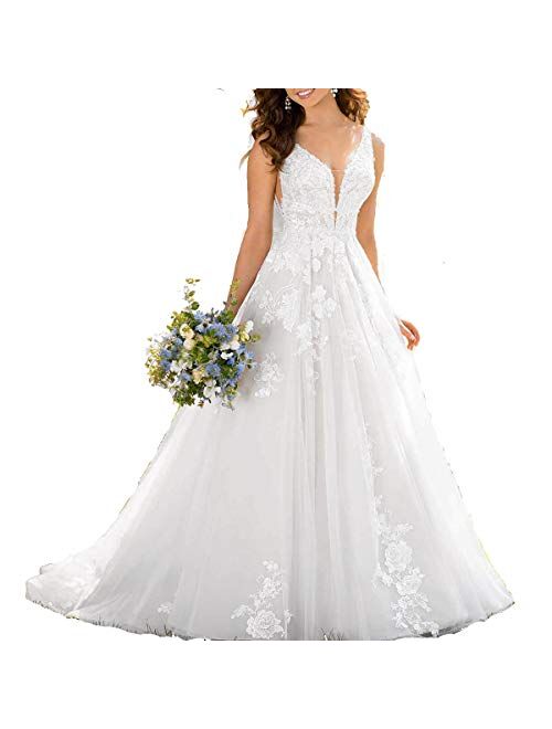 HDSLP Women's V-Neck Appliques Wedding Dress Long Curt Train Bridal Gown for Bride