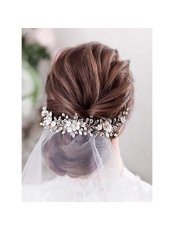 Catery Flower Bride Wedding Headband Leaf Crystal Pearl Rhinestone Hair Vine Braid Babys Breath Headpieces Bridal Hair Accessories for Women (Silver)