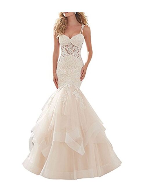 Alanre Women's Mermaid Sweetheart Beaded Organza Ruffle Wedding Bride Gowns Lace