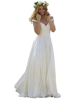 Beach Long Women's Bridal Ball Gown A-line Lace Wedding Dresses with Sweep Train for Bride