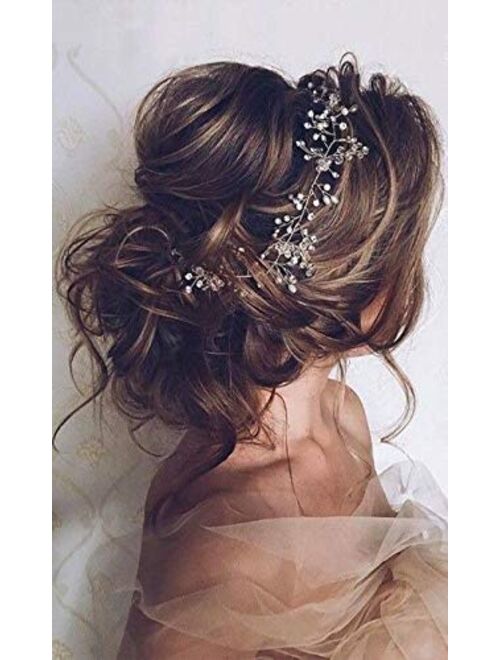 Denifery Bridal Rose Gold and Gold Silver Extra Long Pearl and Crystal Beads Bridal Hair Vine Wedding Head Piece Bridal Hair Accessories Headband Hair Jewelry Hair Access