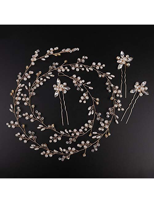 Denifery Bridal Rose Gold and Gold Silver Extra Long Pearl and Crystal Beads Bridal Hair Vine Wedding Head Piece Bridal Hair Accessories Headband Hair Jewelry Hair Access