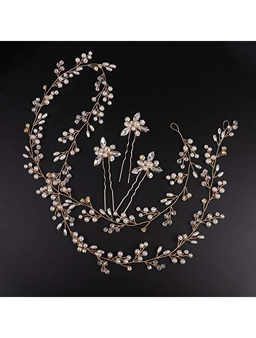 Denifery Bridal Rose Gold and Gold Silver Extra Long Pearl and Crystal Beads Bridal Hair Vine Wedding Head Piece Bridal Hair Accessories Headband Hair Jewelry Hair Access