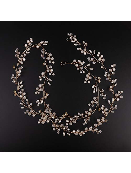 Denifery Bridal Rose Gold and Gold Silver Extra Long Pearl and Crystal Beads Bridal Hair Vine Wedding Head Piece Bridal Hair Accessories Headband Hair Jewelry Hair Access