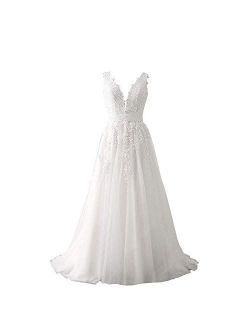 Princess Women's Wedding Dress for Bride Lace Applique Evening Dress V Neck Lace Wedding Ball Gowns