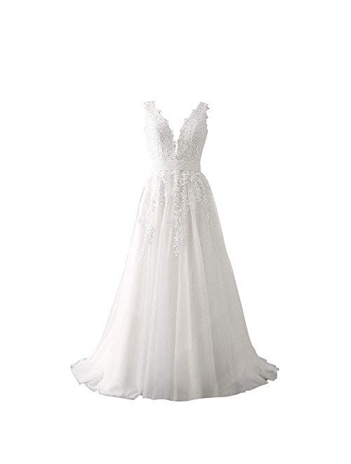 Princess Women's Wedding Dress for Bride Lace Applique Evening Dress V Neck Lace Wedding Ball Gowns