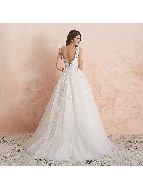 Princess Women's Wedding Dress for Bride Lace Applique Evening Dress V Neck Lace Wedding Ball Gowns